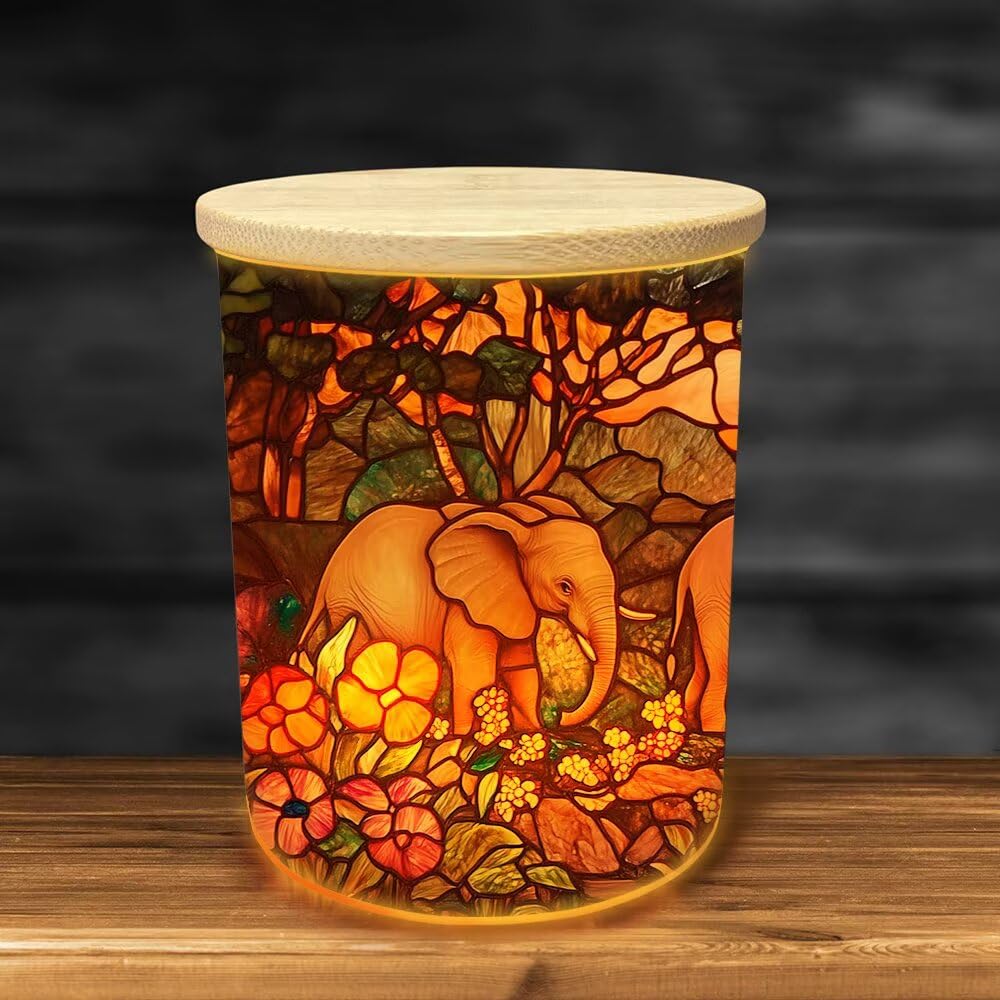 Stained Glass Elephants Tea Light Candle Holders, Forest Rivers Tealight Candle Holder Jar with Wooden Lid, Votive Candlesticks for Table Centerpieces, Christmas,Birthday Party,Home Decor