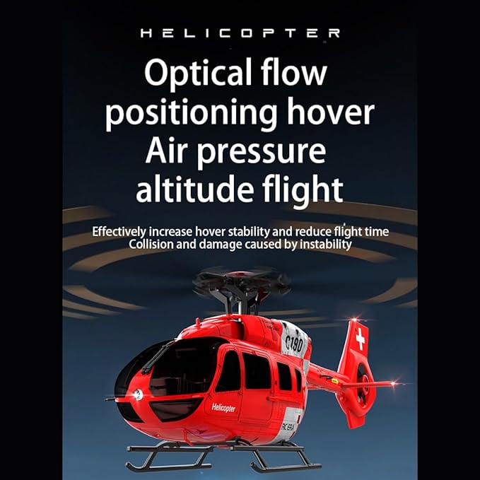 C190 Remote Control Helicopter for Adults 1:30 Scale H145 RC Helicopter 2.4G 6CH Single Propeller Aileron Free Optical Flow Positioning Six-axis Gyroscope Stabilization (Red White(3 Batteries))