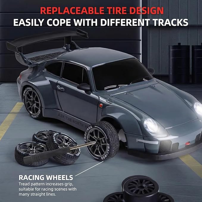 High Speed 1:24 4WD RC Drift Car with Proportional 2.4G Remote Control Dual Tire Configuration and LED Light Racing Vehicle Model for Adults Enthusiasts– Air Force Gray