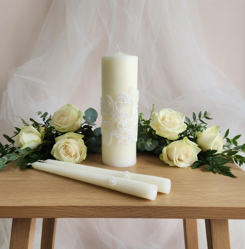 Hosley 11.5-Inch Wedding Unity Candle Set – Cream Pillar & 2 Taper Candles for Ceremony, Special Events, Emergency Kit, Reiki Spa Meditation