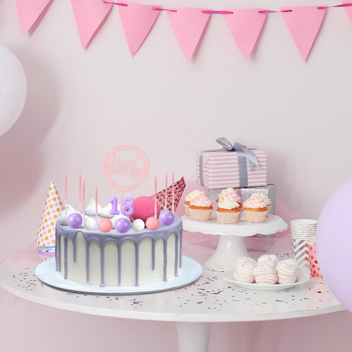 Yerliker 34 Pcs Happy Birthday Cake Toppers Decorations Birthday Candles DIY Cake Decor for Men Women Wedding Anniversary(Purple Pink)