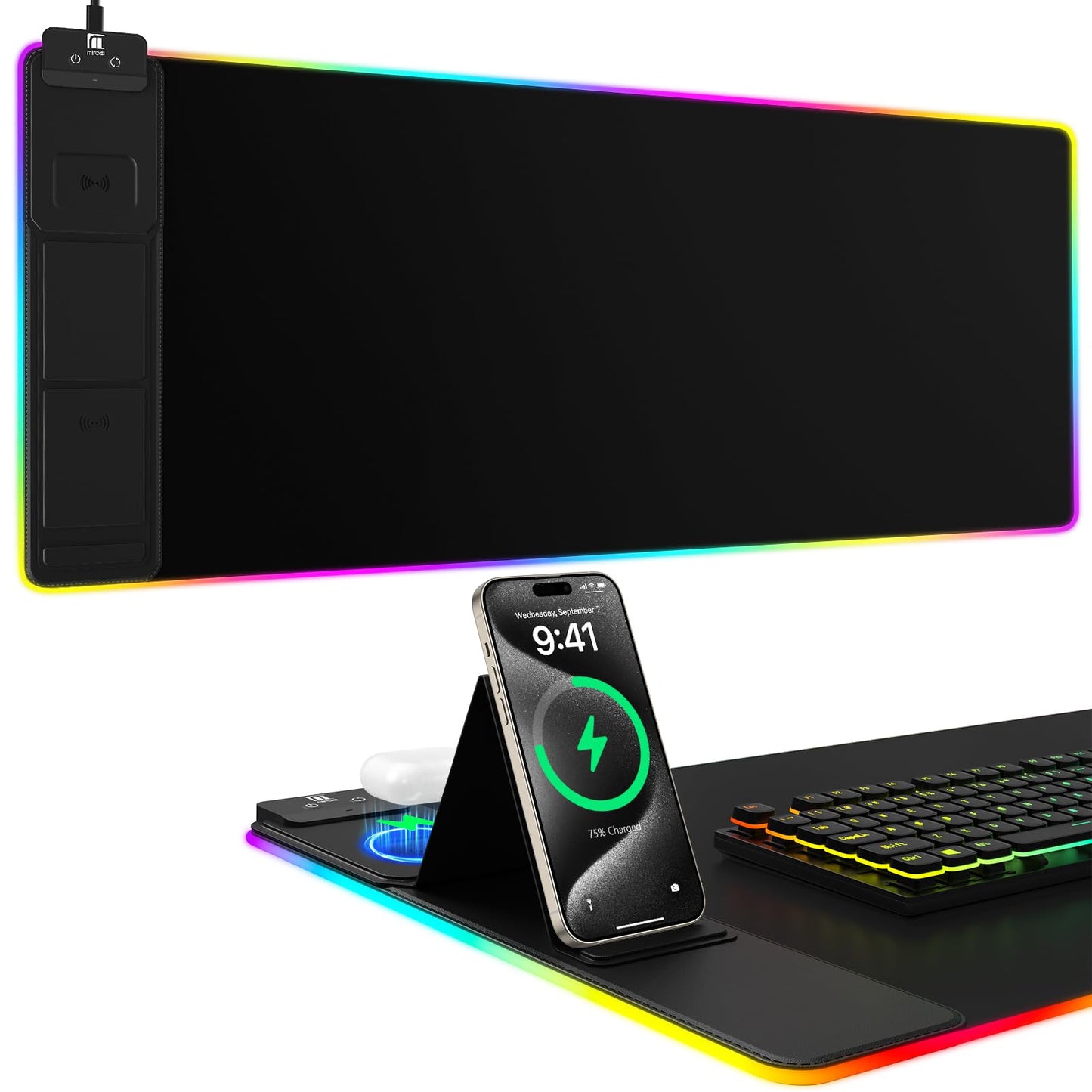 Mouse Pad with Wireless Charging, Large Desk Mat RGB Gaming Mousepad, 10 Light Colors LED Gaming Pad Keyboard Pad with Ultra-Smooth Surface & Non-Slip Rubber Base, Waterproof Full Desk Mouse Pad