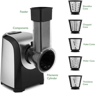 Electric Cheese Grater, Professional Electric Slicer Shredder, 150W Cheese Grater/Chopper Salad Maker, Shredder for Home Kitchen Use with One-Touch Control | 5 Free Attachments