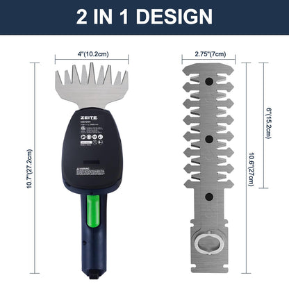 ZEITE 7.2V Grass Shear & Shrubbery Trimmer, 2-in-1 Cordless Grass Cutter and Mini Hedge Trimmer, Rechargeable Li-ion Battery and Charger,Long Handle,Versatile Garden Tool for Grass & Bush Trimming