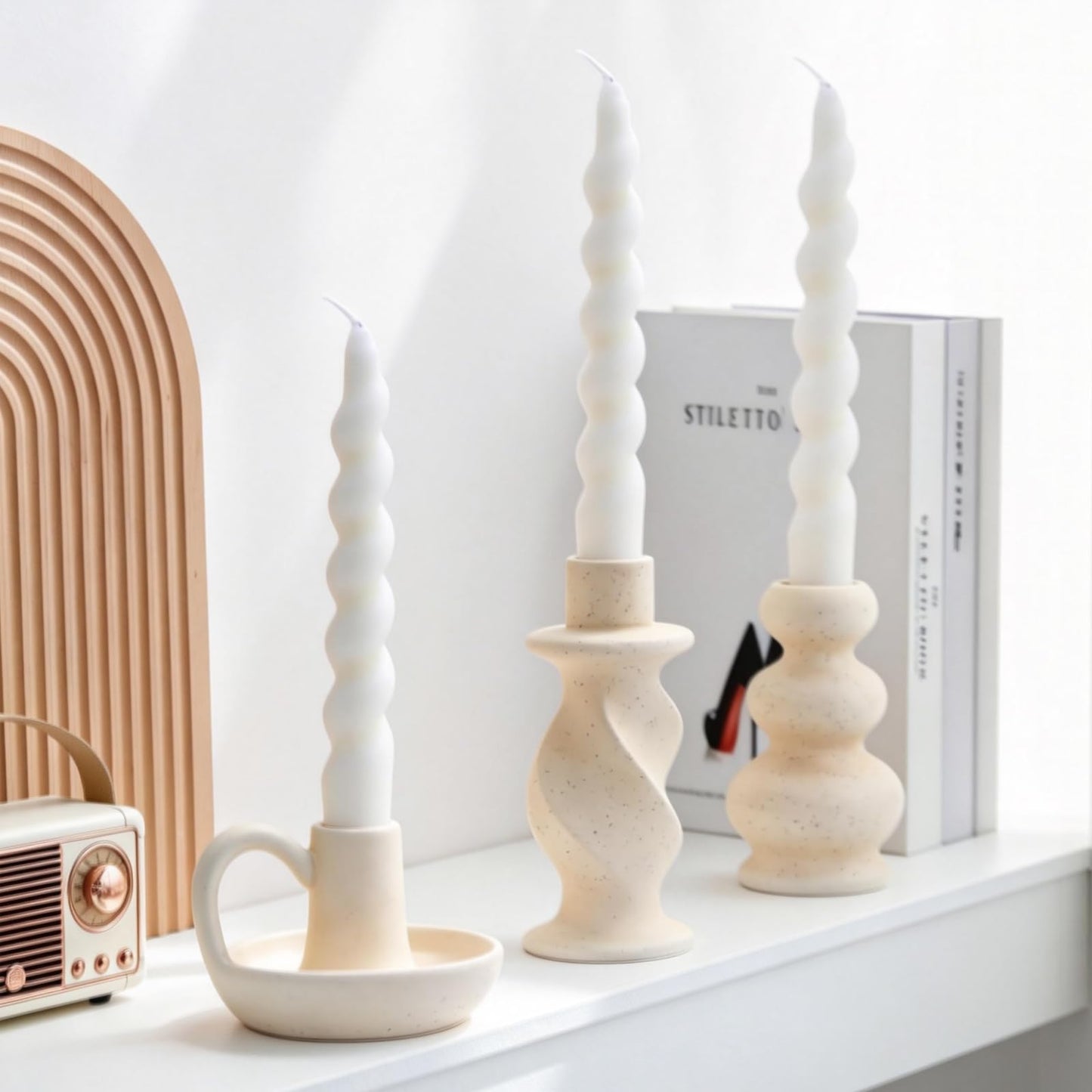 CabyGift Ceramic Taper Candle Holders Set of 3, Cream White Candlestick Holder Nordic Modern Decorative Candle Stand for Home Decor, Dining Table Centerpiece, Housewarming Gift