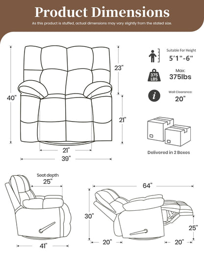 GARTMILAN Oversized Manual Recliner Chair with 360° Swivel, Big and Tall Rocker Glider for Nursery Living Room, Chenille Overstuffed Reclining Sofa with Handle, 375lbs (Beige, Manual)