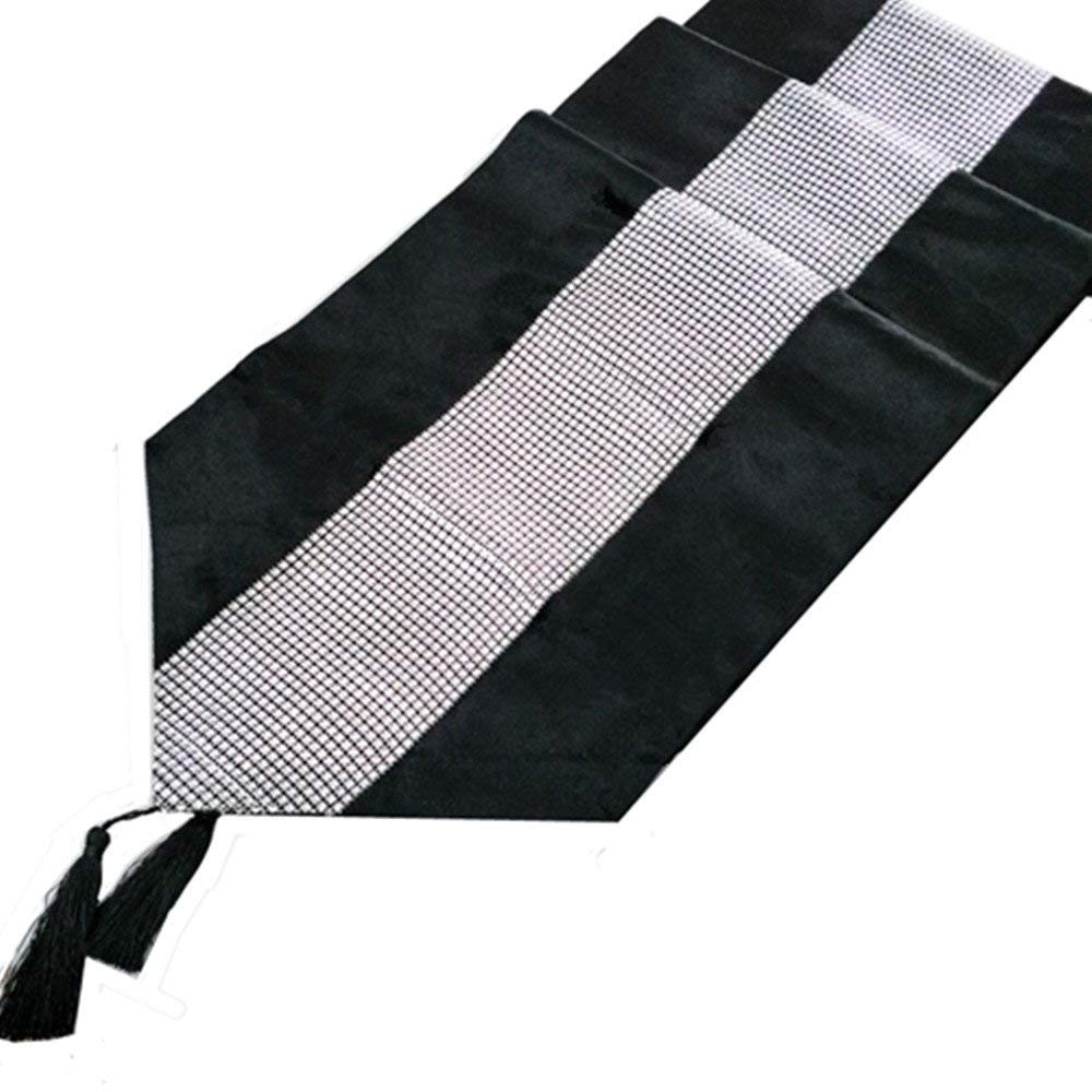 OZXCHIXU 13inch x 72inch Table Runner with Diamante Strip and Tassels(Black)