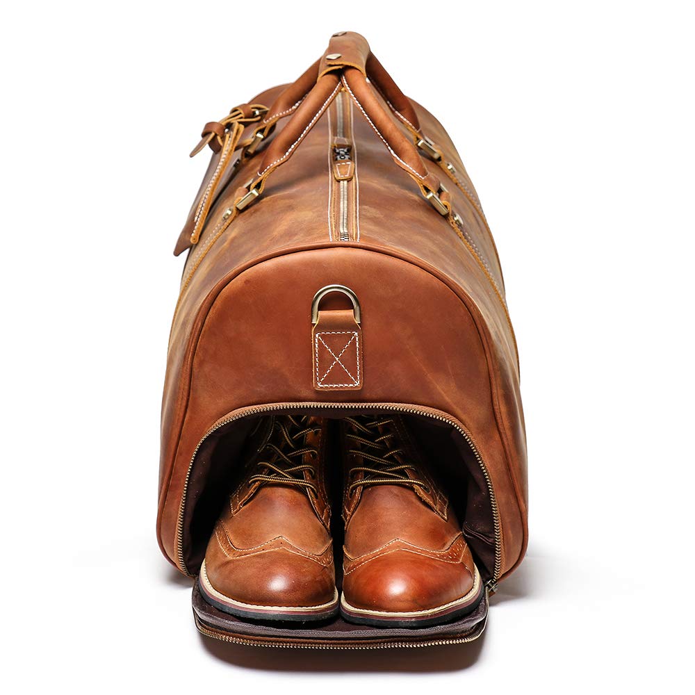 Leathfocus Leather Travel Duffel Bag, Mens Classic Gift Leather Weekend Bag Overnight Full Grain Retro Sport Gym Carry on Luggage YKK Zipper (Brown)