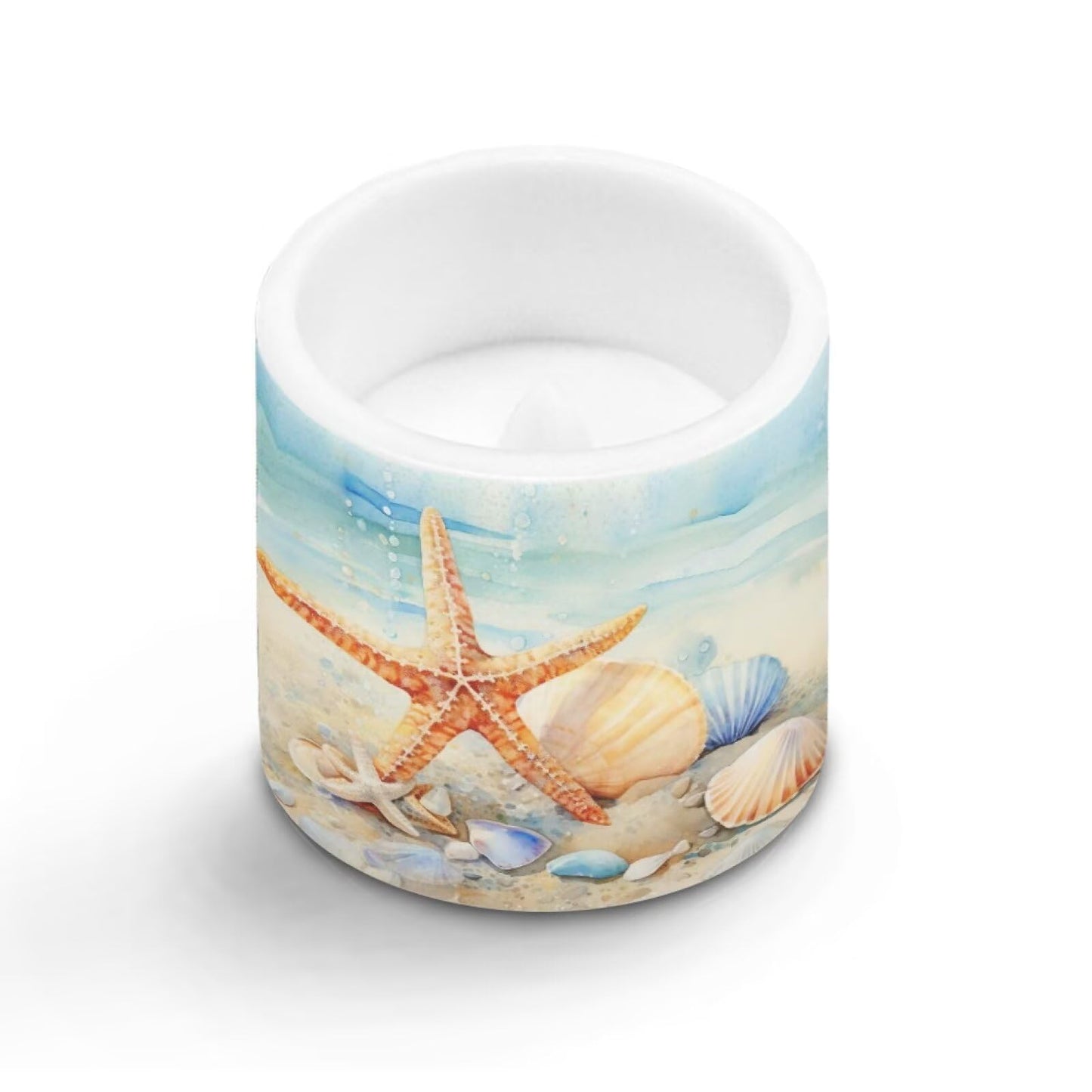 NETILGEN Beachside Starfish Print Flameless LED Candles with Remote Timer Set of 4 Home Decorative Realistic Flickering Flameless Candles with Battery Powered