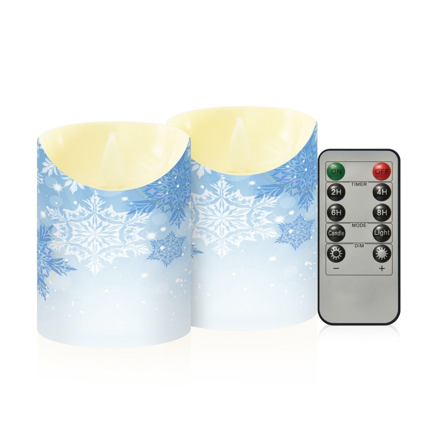 Christmas Flameless Candles Set of 2 Blue Snowflakes Realistic LED Candles with Remote Battery Operated Holiday Decorations