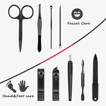 Manicure Set 9 in 1 Stainless Steel, Nail Clippers Scissors Pedicure Tools Kit - Portable Travel Grooming Kit for Men and Women with Black/Blue Leather Case (Blue)