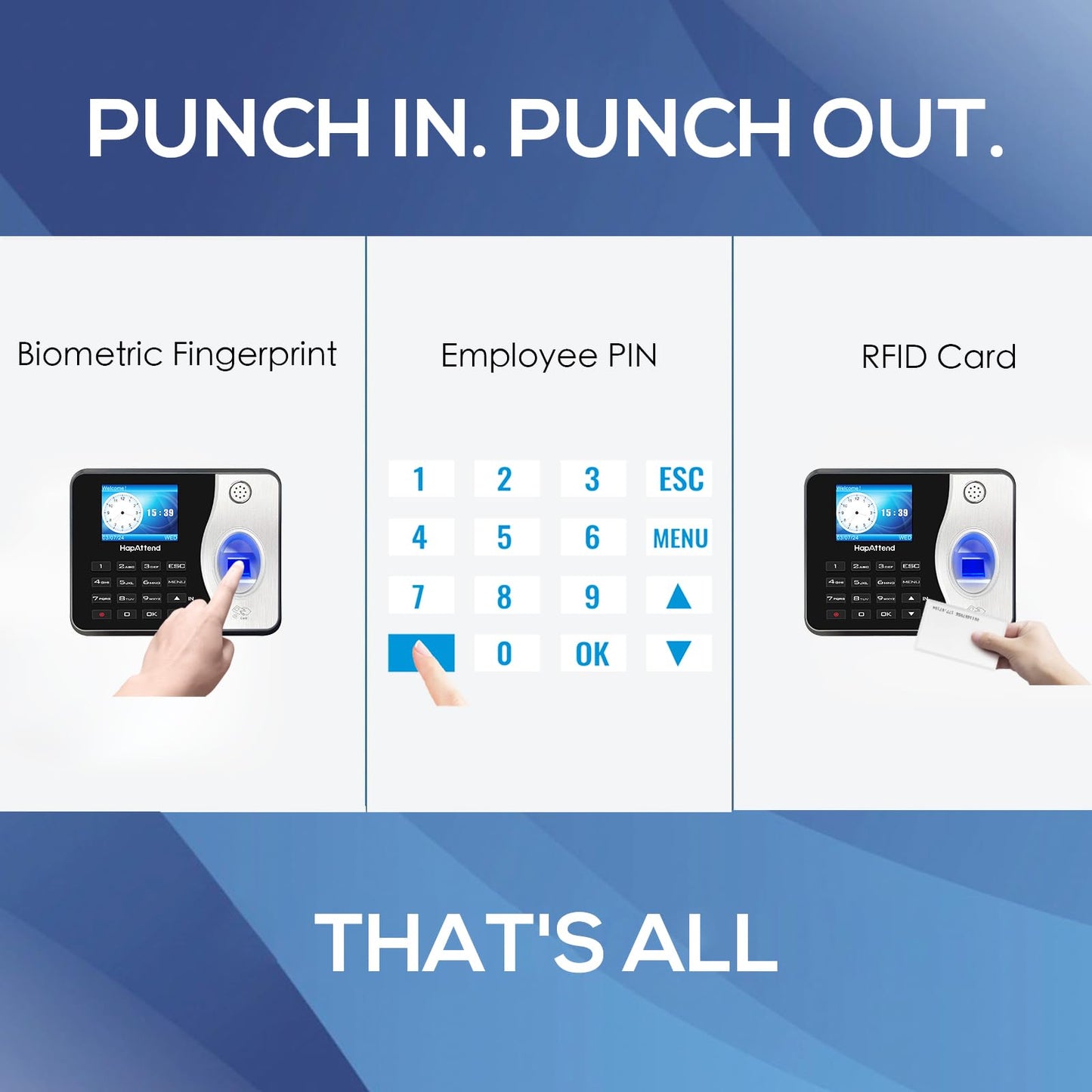 HapAttend Time Clocks Bundle with 15 RFID Cards, 0 Monthly Fees Standalone Biometric Time Attendance Punch Machine with Fingerprint, RFID and PIN - H3