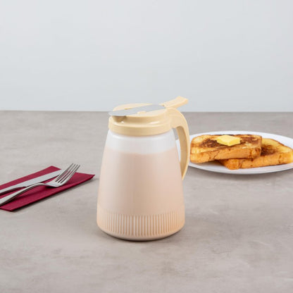 Restaurantware-Chef 101 48 Ounce All Purpose Syrup Dispenser, 1 Honey Dispenser - Beige Top, Stainless Steel Slide Cover, Plastic Pancake Syrup Bottle, Perfect For Diners, Restaurants, Home