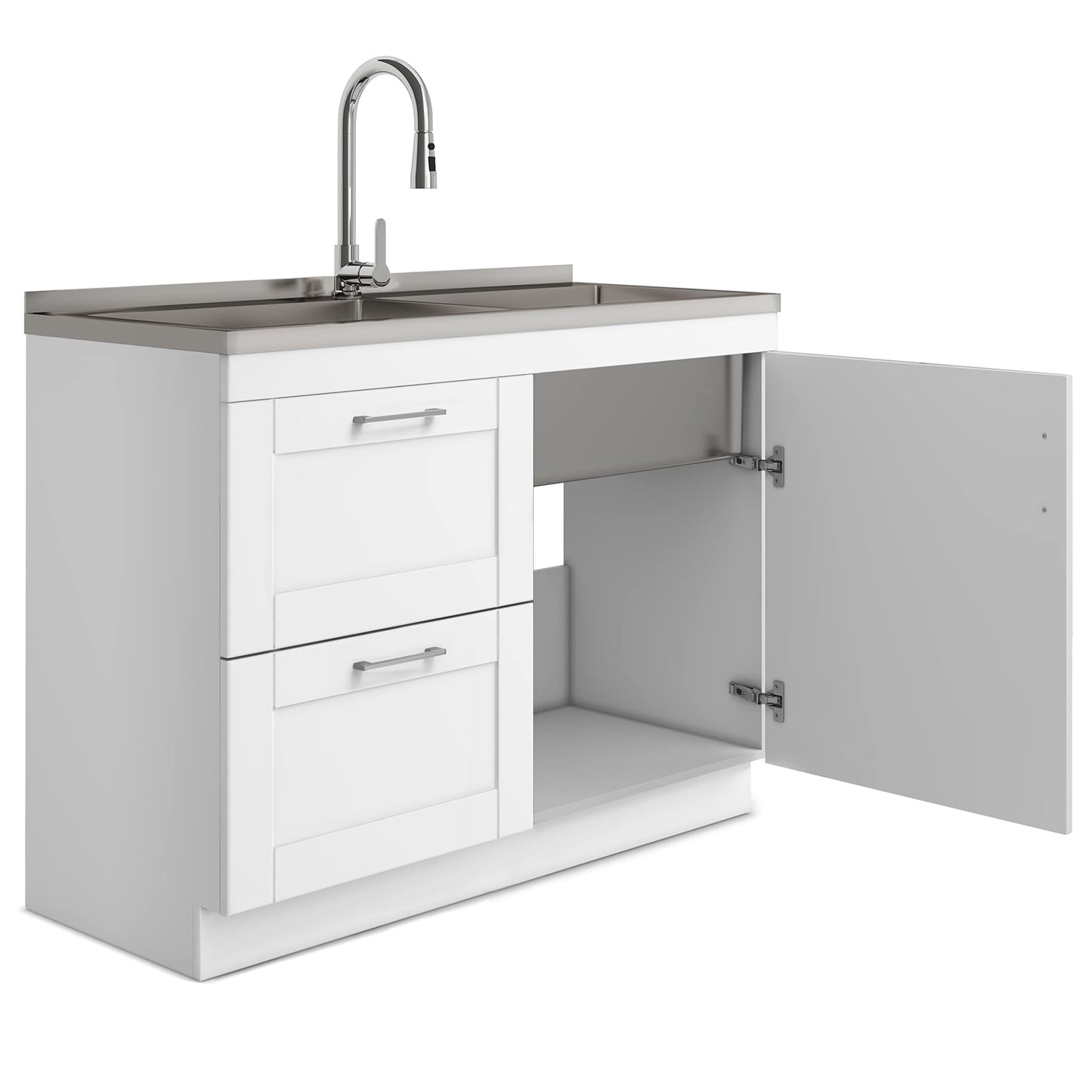 SIMPLIHOME Modern Wide Shaker All-in-One 46 inch Wide Utility Sink and Laundry Cabinet in Pure White Finish, Transitional Stainless Steel Sink Cabinet for Laundry Rooms with High-Arch Chrome Faucet