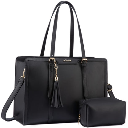 LOVEVOOK Laptop Bag for Women 15.6 inch Lightweight PU Laptop Tote Bag, Large Capacity Computer bag with Clutch Purse for Business, Work, Office, Travel, School,Casual(Black & Leather)