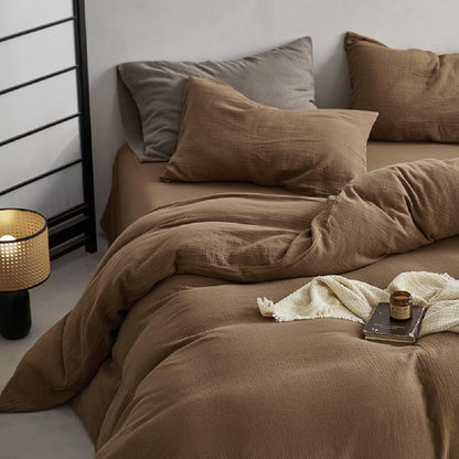 Erwinmu Muslin Duvet Cover Set 100% Cotton Queen Size,Double-Layer Linen Like Gauze Comforter Cover Brown 3 Pieces,Okeo-tex 100 Certified Duvet Cover 90"x90" with 2 Pillowcases for All Season