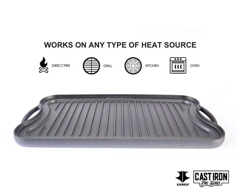 KANKA Grill Cast Iron Griddle - Extra Large Reversible Double-Sided Griddle for Gas Stove, BBQ Grill Plate, Flat Top Skillet for Stove Top, Outdoor Grill - 19.7in x 10.23in, Pre-Seasoned, Black