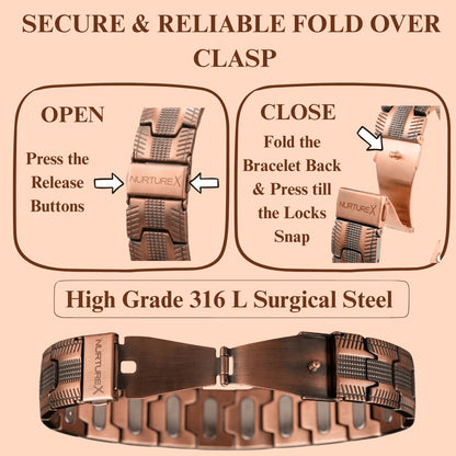 NurtureX 10K Therapeutic Pure Copper Magnetic Bracelet for Men, Ultra Powerful Gauss Adjustable Magnet Therapy Bracelet with Fold Over Clasp, Includes Sizing Tool, Extra Link Pins, Cleaning Cloth, Best Gift for Men - (Bioflow MAX)