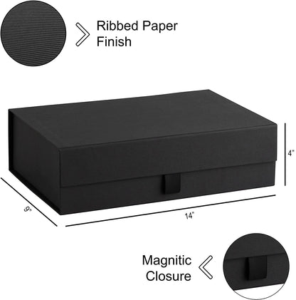 Purple Q Crafts Black Ribbed Hard Gift Box With Magnetic Closure Lid 14" x 9" x 4" Rectangle Favor Boxes With Classy Black Finish (5 Boxes)
