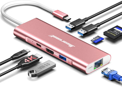 Hiearcool USB C Hub Ethernet,4K@60 USB-C to HDMI Hub,8in1 Multi-Port USBC Adapter Type C Dock Dongle Compatible for MacBook Pro Air iPad Dell Lenovo