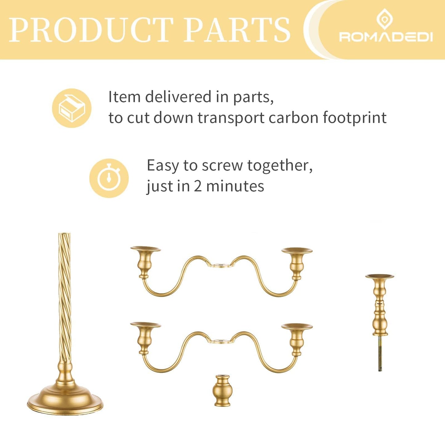 Romadedi Candelabra Gold Candle Stand: 21'' Tall 5-Branch Candlestick Holder for Wedding Centerpiece Decor Christmas Holiday Event Reception Decoration, Set of 2