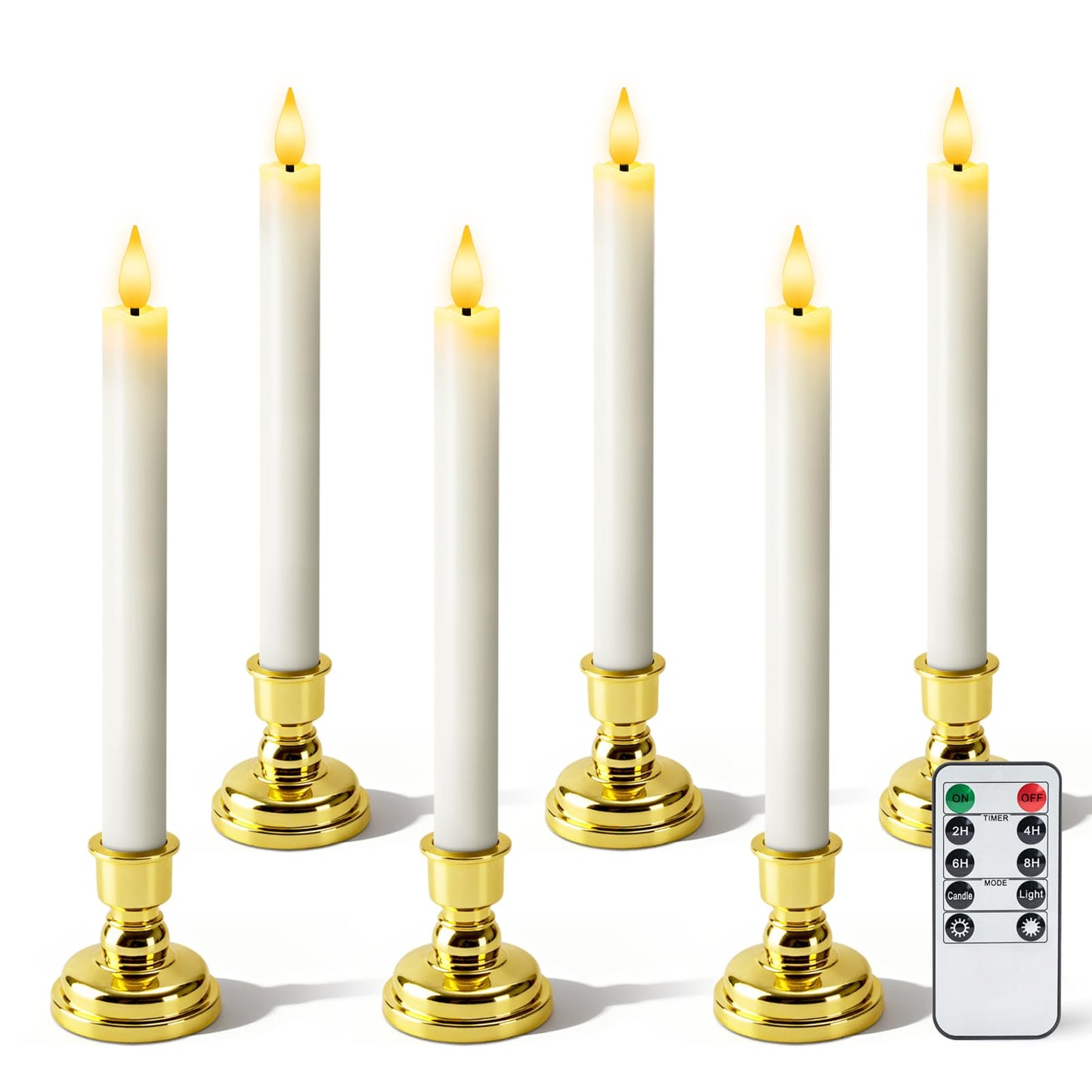 Meigic 6 Pcs Window Candles with Remote and Timer, White Battery Operated Candlesticks with Gold Holders, LED Christmas Candle for Window Home Xmas Holiday Decor