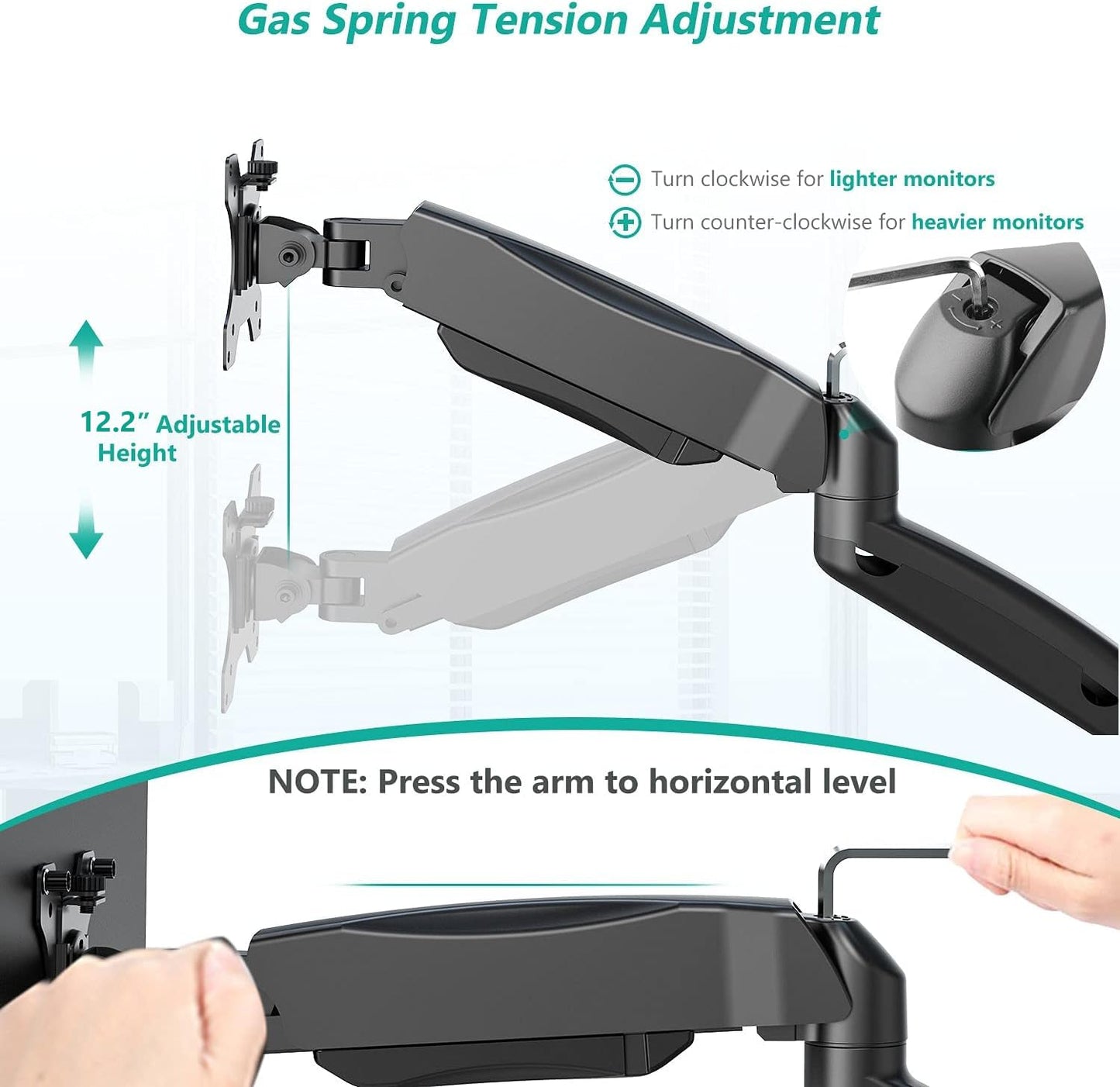 WALI Computer Monitor Wall Mount for 17 to 32 Inch Screens, Single Monitors Mount Holds up to 22lbs, Fully Adjustable Gas Spring Wall Mount Monitor Arm, 75x75/100x100mm VESA Mount (GSWM001), Black