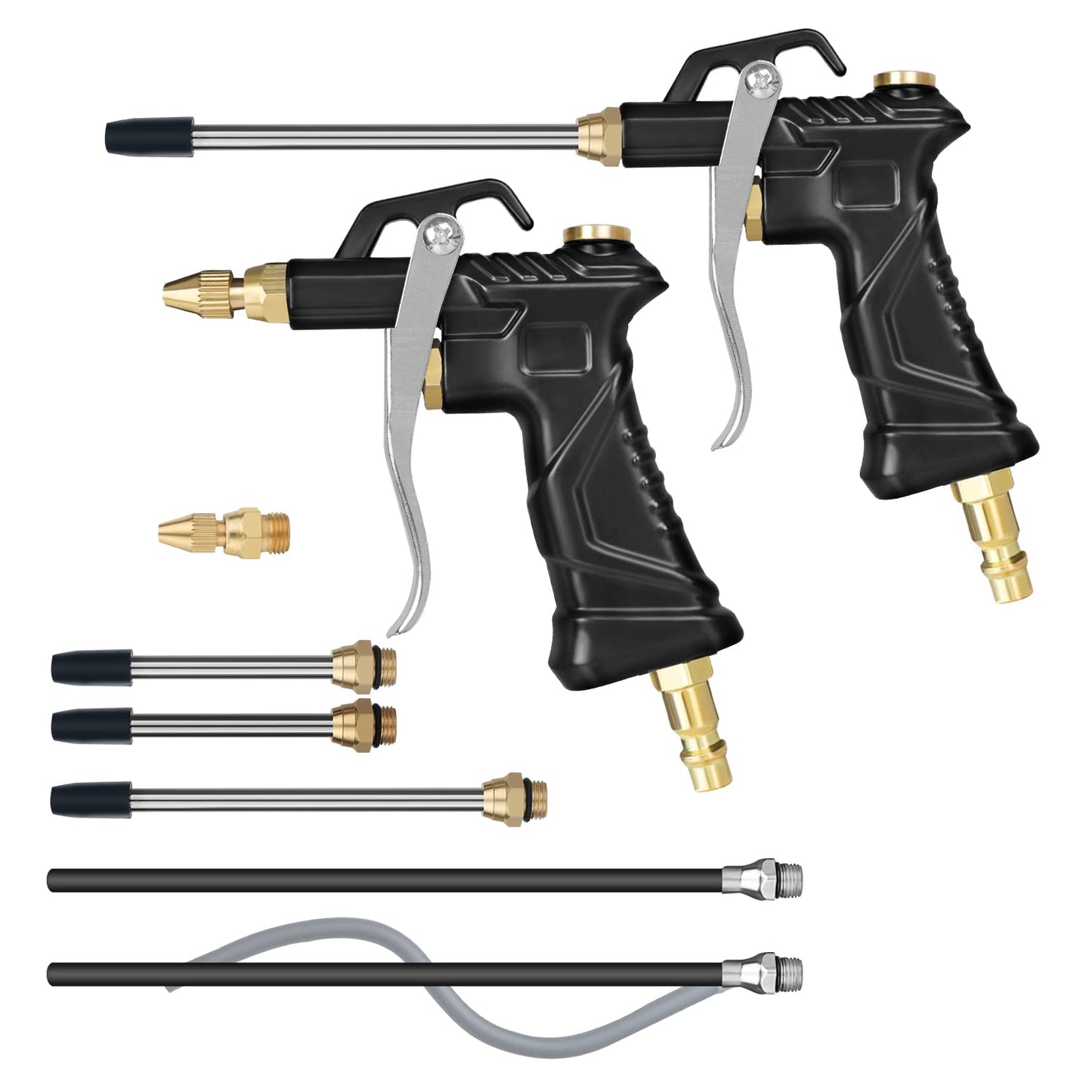Industrial Air Blow Gun with Brass Adjustable Air Flow Nozzle, Universal hose and 2 Steel Air flow Extension. Pneumatic Air Compressor Accessory Tool Dust Cleaning Air Blower Gun. (2pcs)