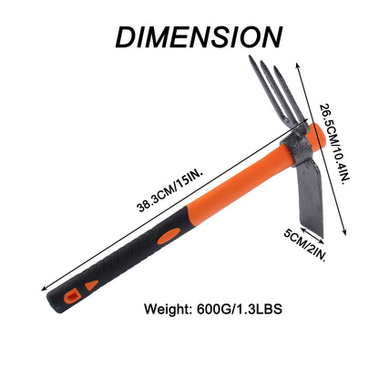 LUBAN 3 Sprongs Dual Head Rake Hoe with Heavy Duty Forged Adze and Ergonomic Non-Slip Handle for Loosening Soil, Gardening, Camping Outdoor 39mm/15-Inch