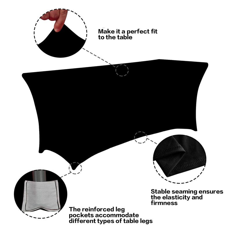 IVAPUPU 6FT Spring Table Cloth for Rectangular Fitted Events Stretch Black Table Covers Washable Cover Spandex Tablecloth Protector for Party, Wedding, Cocktail, Banquet, Festival