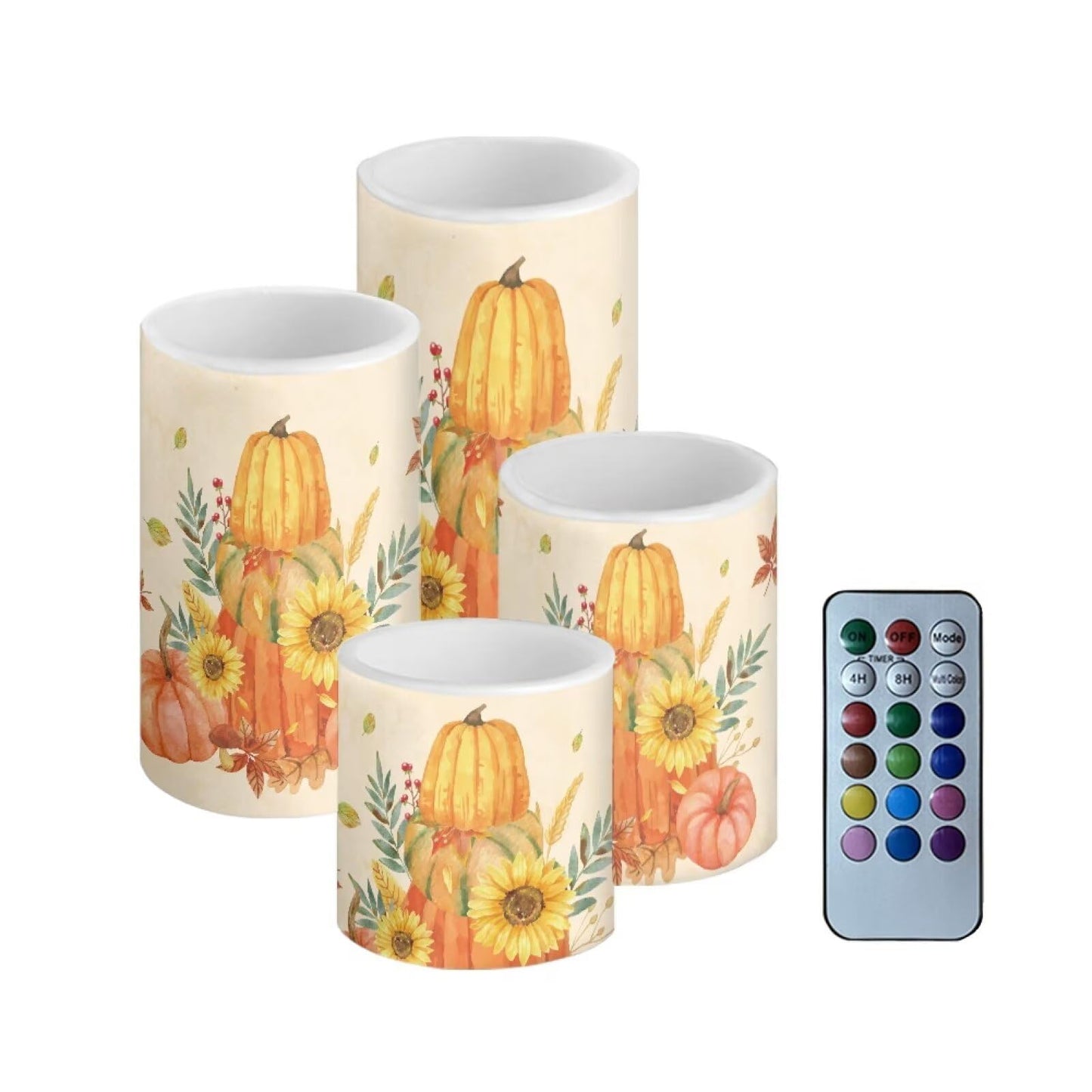 Merkmak 5.7" x 3" Battery Operated Candles with Timer 4Pcs Pumpkin Sunflower Maple Leaf Flameless LED Candles Bulk with Remote Thanksgiving Party Decor Electric Plastic Pillar Lights Bulk