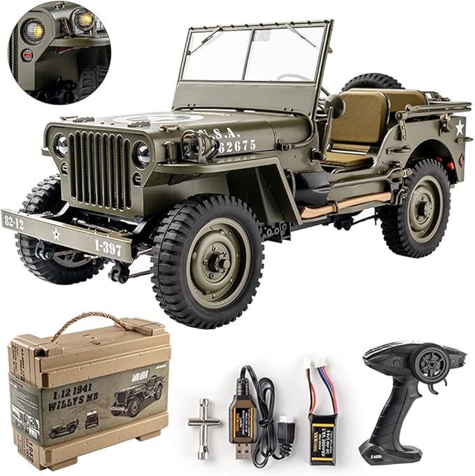 FMS Rochobby RC Car 112 1941 MB Scaler Willys Jeep Remote Control Crawler Military Truck 4x4 Offroad Vehicle with Transmitter Battery and Charger Small RC12001RTR Hunter Green