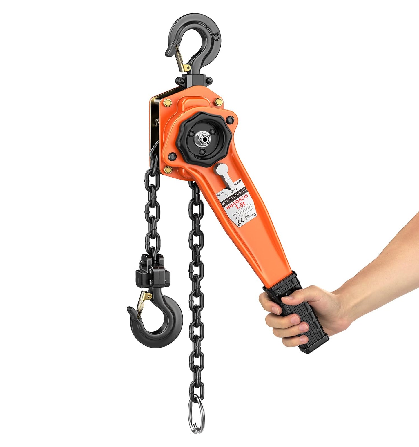 HUGOASIS Lever Chain Hoist 1-1/2 Ton 3300 Lbs Capacity 10FT Lift 2 Heavy Duty Hooks,Manganese Steel G80 Manganese Steel with Double-Pawl Brake Chain Come Along for Warehouse,Automotive,Garages,Orange