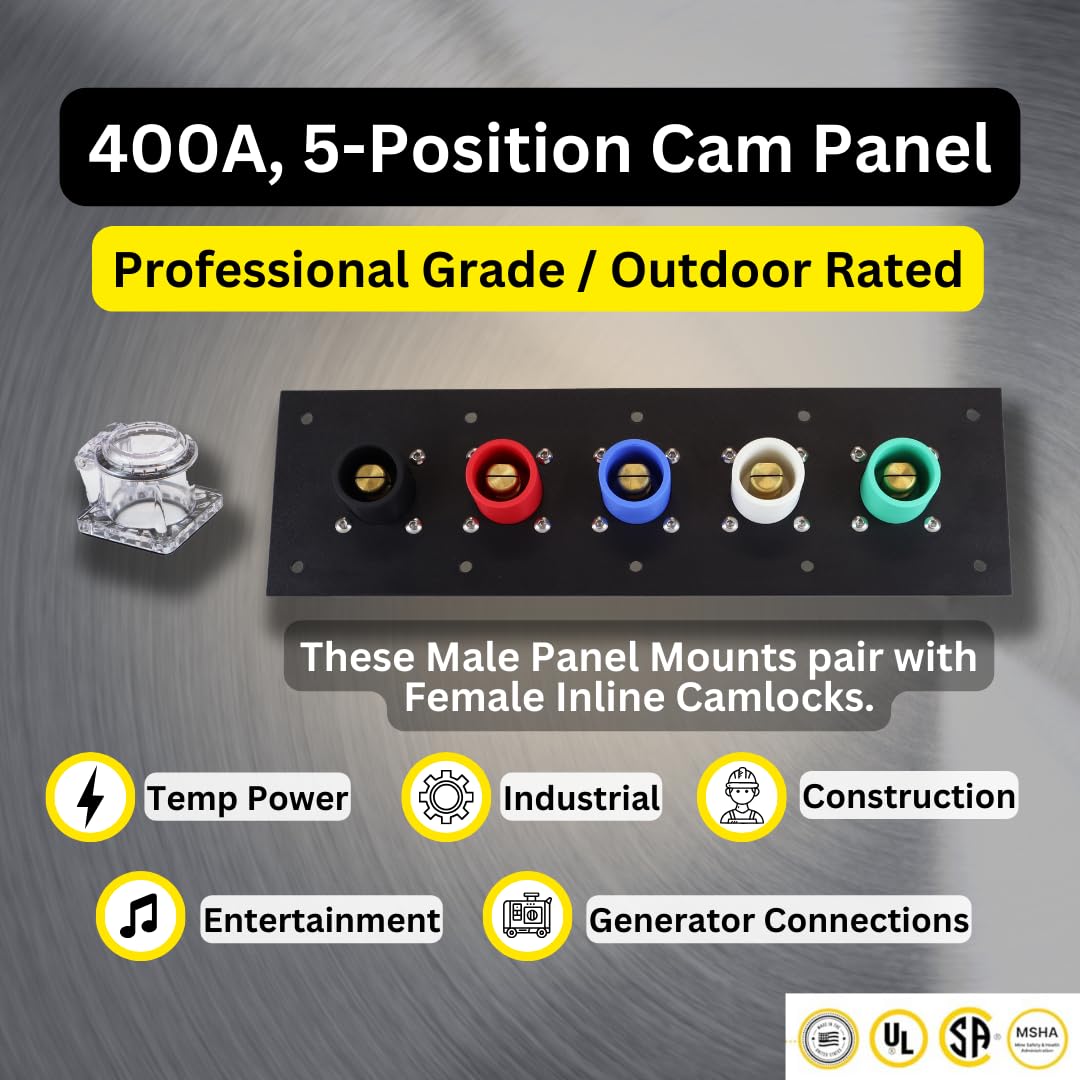 Power Assemblies 5 Position CAM Lock Panel, 400 Amp, 3 Phase 120/208V, Male, 90°, Double Set-Screw Connections with NEMA 3R Clear Snap-Back, Series 16 CAM Connectors, Power Distribution Panel