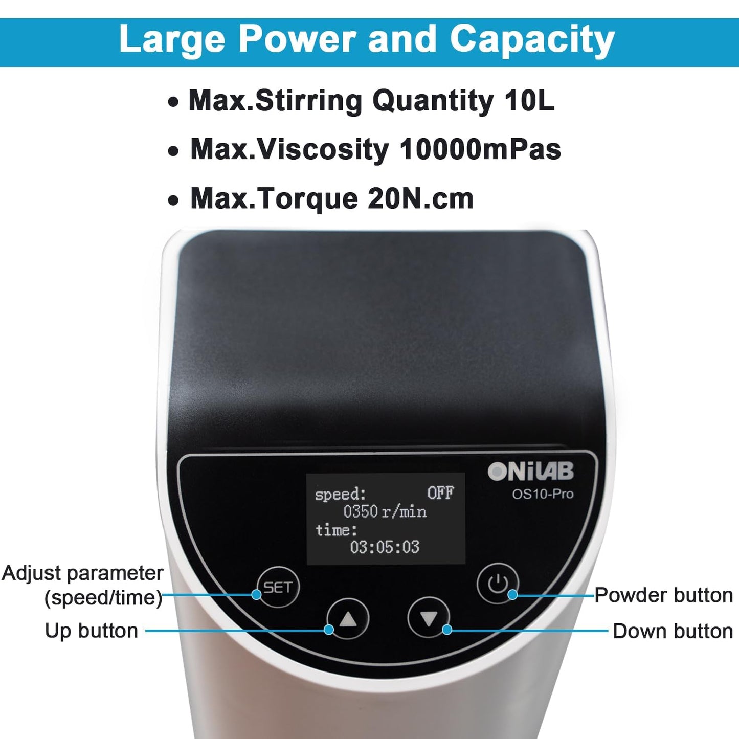 ONiLAB Lab Analog Overhead Stirrer, OLED Digital Overhead Stirrer, 10L Capacity, 200-2500rpm,Max.Viscosity 10000mpas,Overhead Mixer with Support Stand&Two Stirring Rods