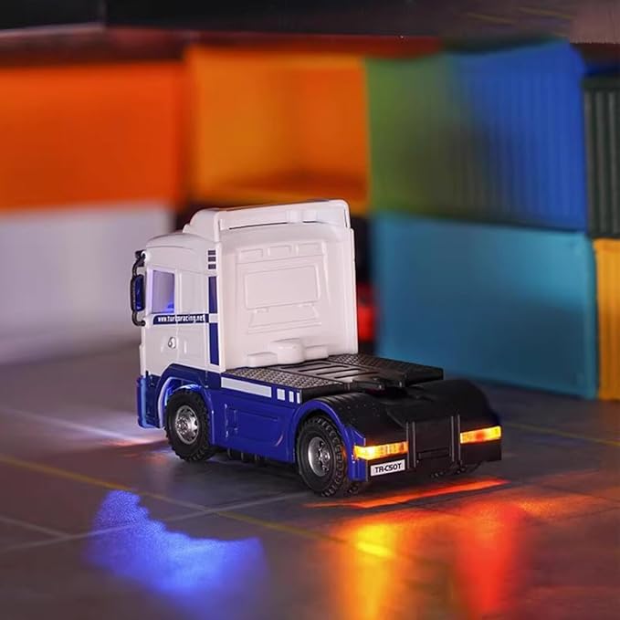 Turbo Racing 1/76 RC Semi Truck 2.4GHz 3CH Electric 4WD Mini Remote Control Tractor Model Desktop Scale Vehicle for Hobbyists (RTR/Blue &amp White)