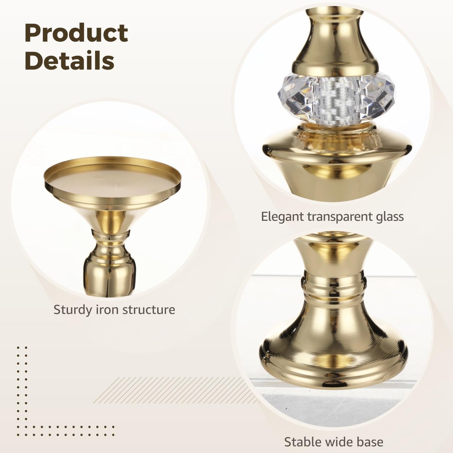 3 Pcs Gold Pillar Candle Holders Set, Elegant Metal Crystal Candlestick Stands, Gourd Shape Wedding Centerpieces Decor, Weighted Base Tabletop, 5.91-8.46 in Tall