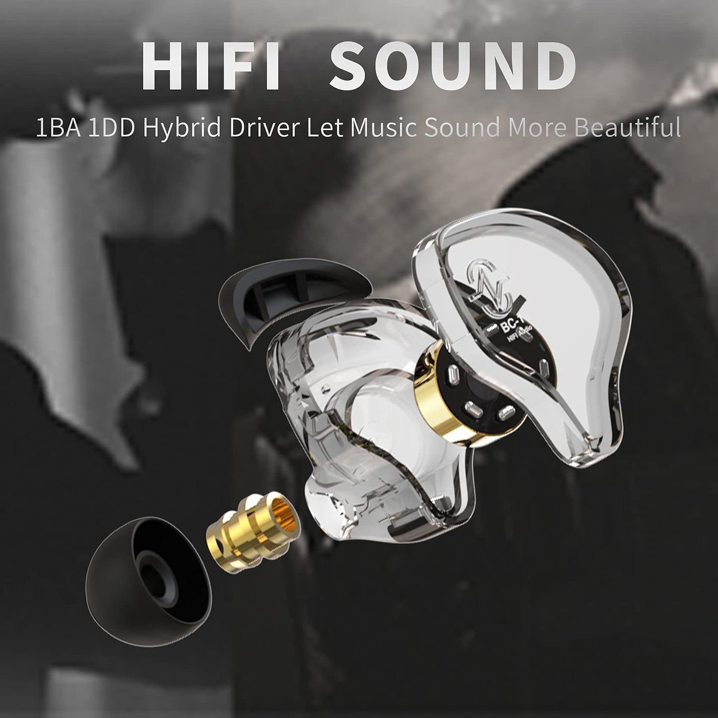 CCZ Yinyoo Melody in Ear Monitors Earphones Headphones Wired Earbuds without Microphone IEM HIFI Bass with 1DD 1BA, Ear fins, 4N OFC Cable for Musicians, Singer, on Stage, Studio (no mic, clear black)
