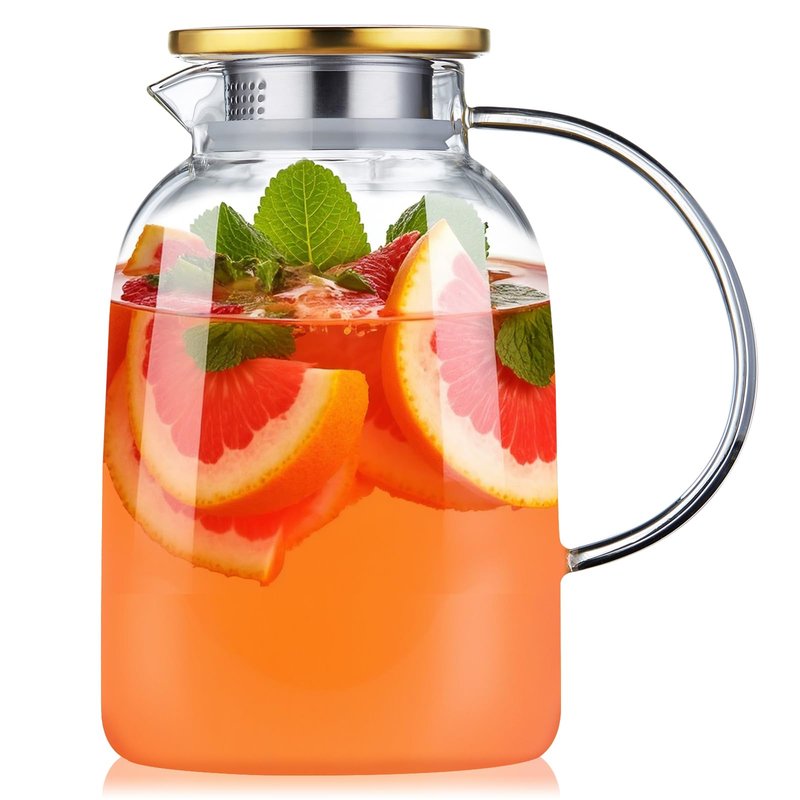 2L 68OZ Glass Pitcher with Lid and Spout, Water Jug, Glass Water Pitcher Carafe for Hot/Cold Water 2000ml for Fridge, Large Iced Tea Jug for Homemade Beverage