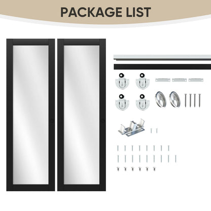 JUBEST 48" x 80" Mirror Closet Door, Preassembled One Side Mirror Door with Hardware Kit & Matching Fascia, Solid Wood Frame with Water-Proof PVC Surface, Easy to Install, Black