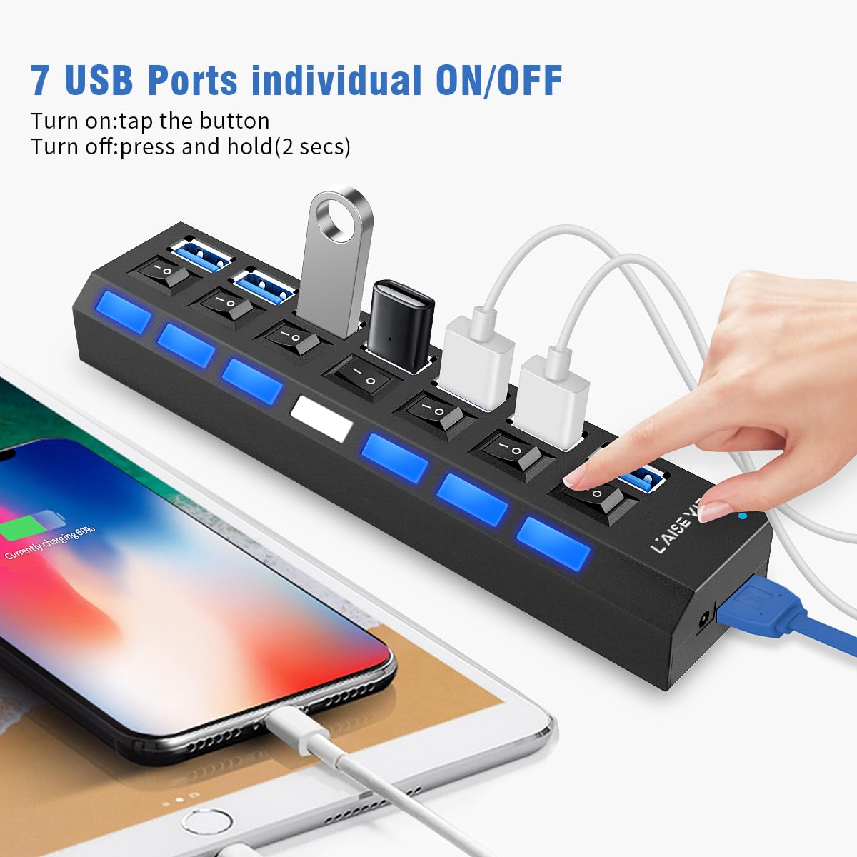 Multi Port Splitter, 7 Port USB 2.0 Hub, USB A Port Data Hub with Independent On/Off Switch and LED Indicators, Lights for Laptop, PC, Computer, Mobile HDD, Flash Drive and More (Black 2.0)
