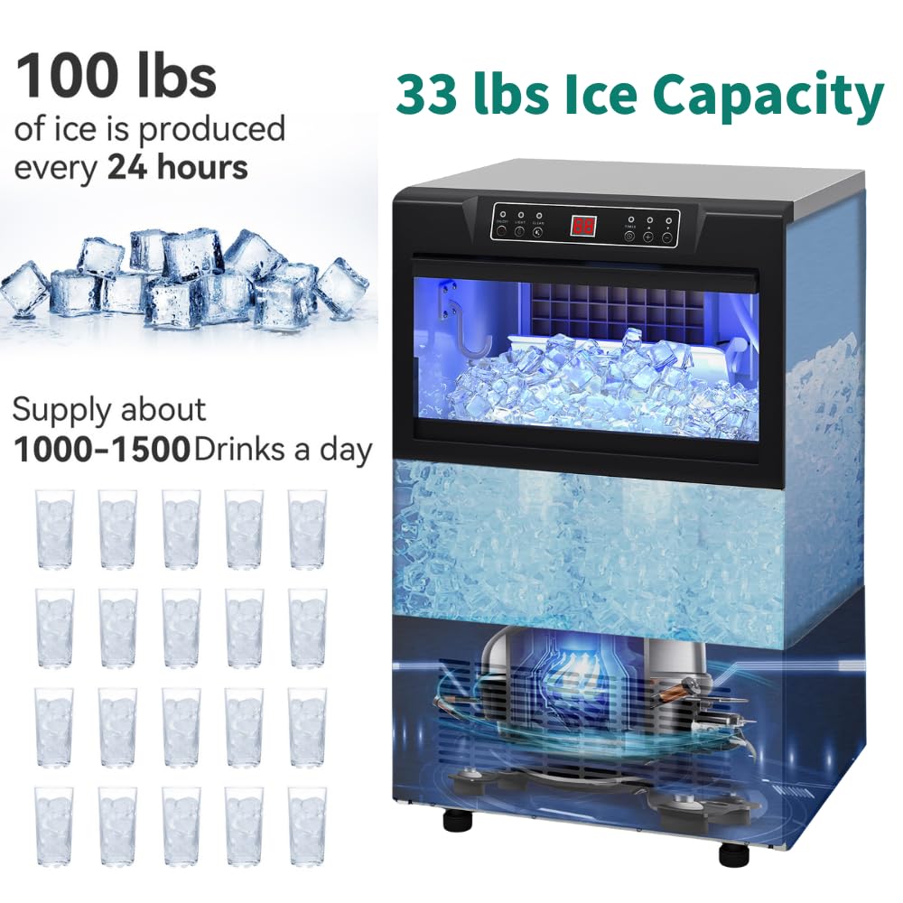 YITAHOME 100lbs Ice Maker Machine Commercial Under Counter Ice Maker, ETL & DOE Certificated Commercial Large Ice Makers Freestanding for Home Cafe Bar Restaurant 45pcs with 33lbs Storage Bin