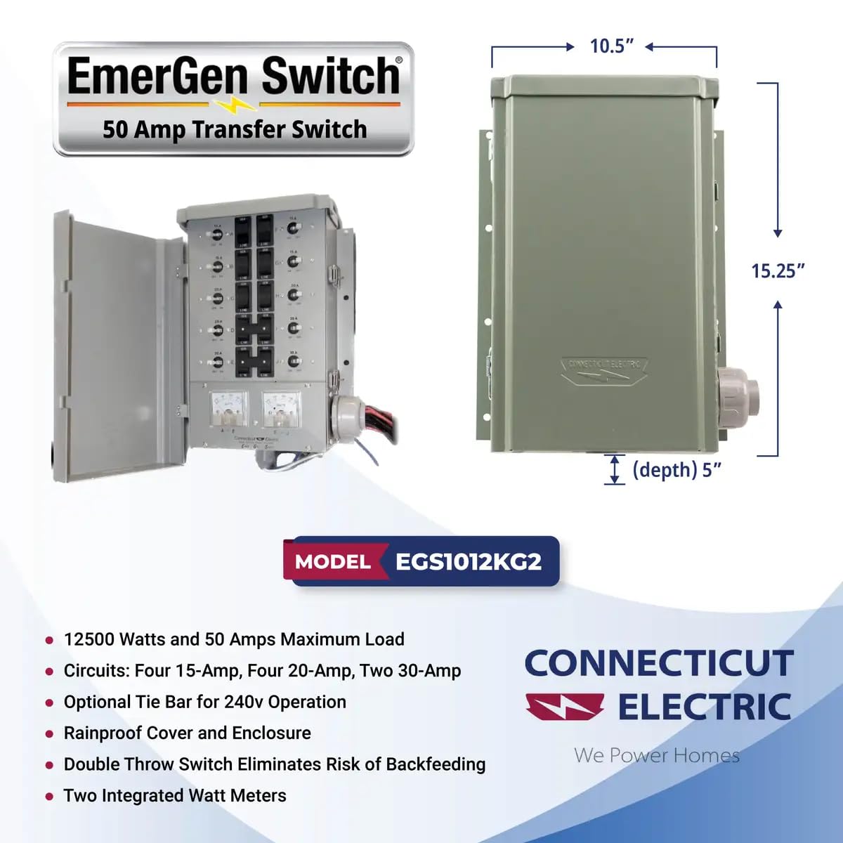 Connecticut Electric EmerGen Backup Power Manual Transfer Switch - 50 Amp, 10-Circuit, 12500 Watts, for Generator (Transfer Switch Only)