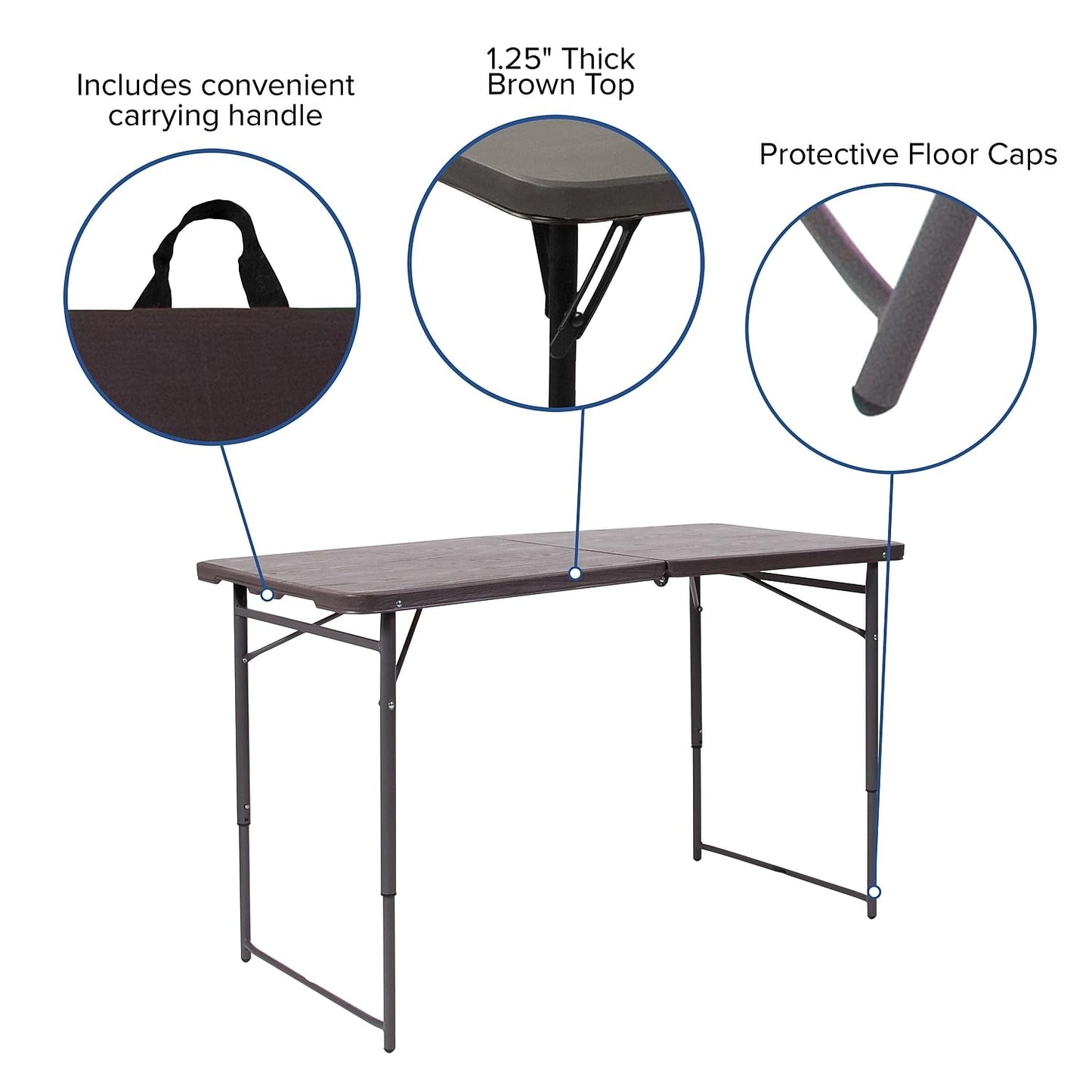Flash Furniture Mills 4-Foot Height Adjustable Bi-Fold Brown Wood Grain Plastic Folding Table with Carrying Handle