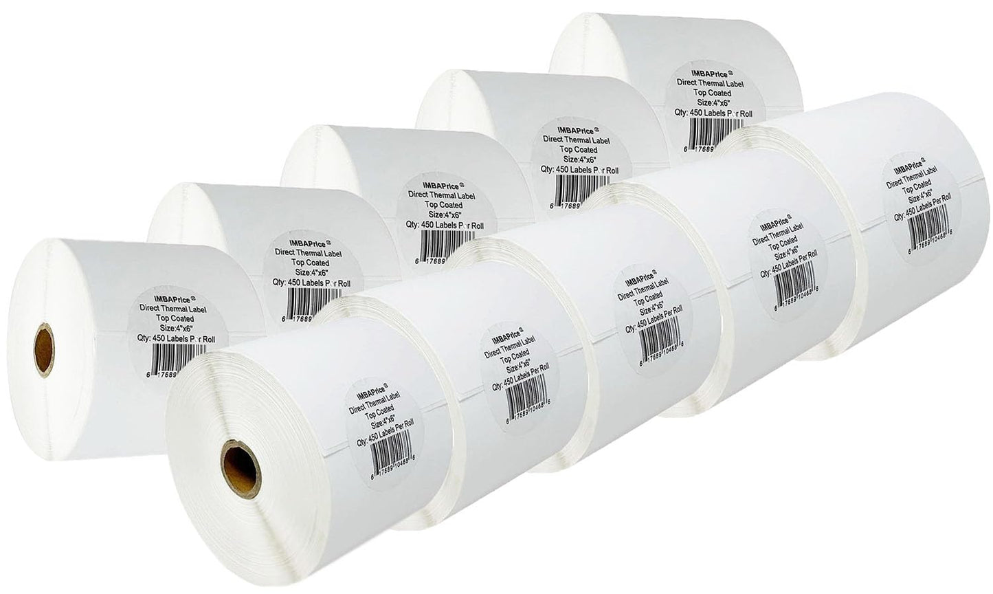 iMBAPrice - 10 Roll of 450-4x6 Direct Thermal Labels for Zebra 2844 ZP-450 ZP-500 ZP-505 (1 inch core) - 95+60GSM Top Coated
