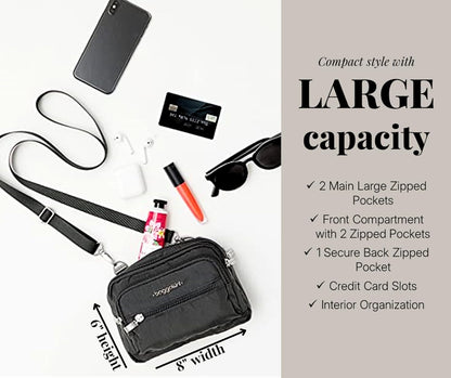 Baggallini Triple Zip Small Crossbody Bag for Women - 8x6 Lightweight Convertible Fanny Pack Belt Bag
