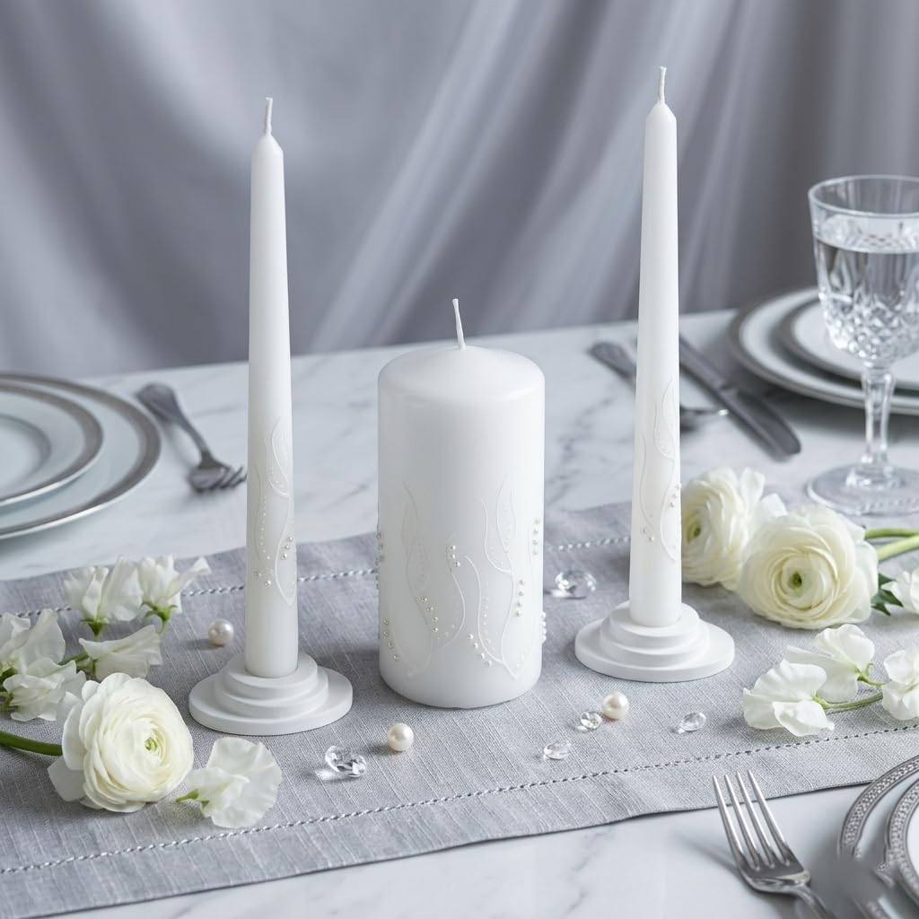Magik Life Unity Candle Set - Wedding Ceremony & Reception – 6” Pillar & Two 10” Taper Candles – Long Burning Unity Candles for Marriage Ritual – Handmade in USA – White | Paint