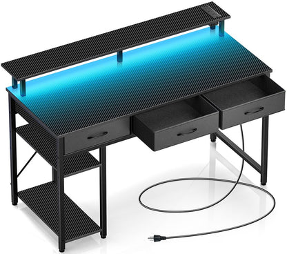 Rolanstar Computer Desk with Power Outlets & LED Light, 47 inch Home Office Desk with 3 Drawers and Storage Shelves, Writing Desk with Monitor Stand, Modern Work Desk for Home Office, Carbon Black