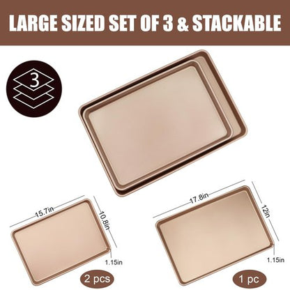 JOHO BAKING 3-Pack Nonstick Carbon Steel Baking Sheet Set | Heavy Duty 0.8mm Cookie Sheets - Large 17.8"x12" & 2 Medium 15.7"x10.8" Commercial Gold Pans for Oven, Roasting & Toaster