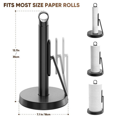 theaoo Heavy-Duty Stainless Steel Paper Towel Holder with Tension Arm – Easy One-Handed Tear, Modern Standing Countertop Dispenser for Kitchen, Holds All Paper Towel Rolls (1, Black)